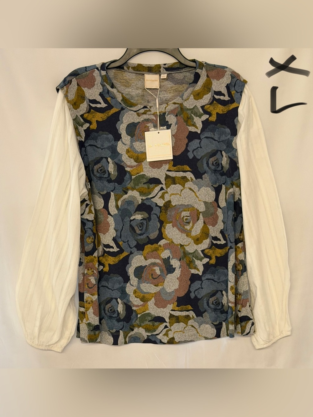 Zac & Rachel Navy Floral Front Top with White Long Sleeves